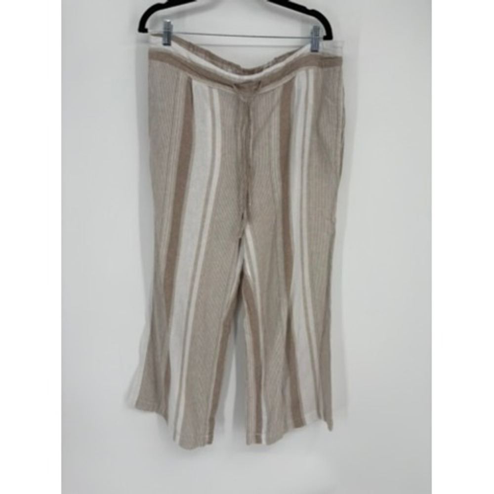 Per Se Pants Women L Tan White Striped Linen Blend Wide Leg Drawstring Casual